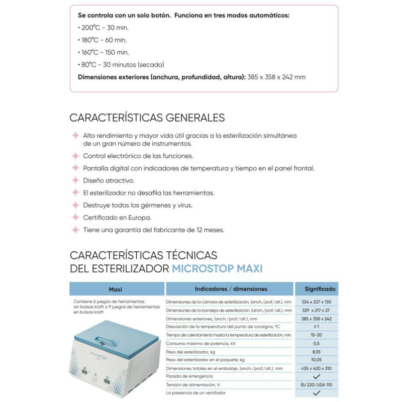Esterilizador de calor seco, Horno MicroStop Maxi (9 bolsas) - Imagen 2